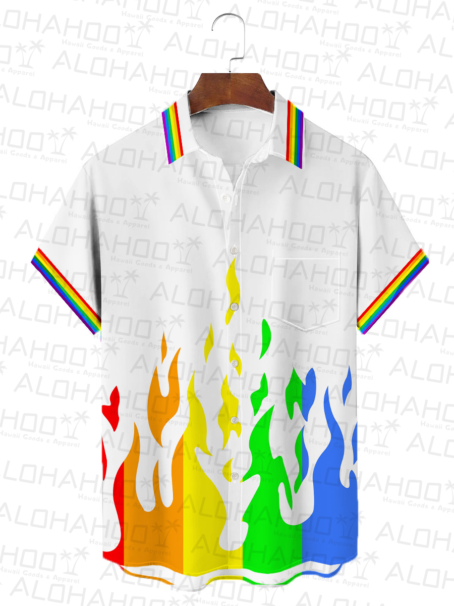 Men's Hawaiian Shirt Rainbow Flame Stripes Print Beach Easy Care Short Sleeve Shirt
