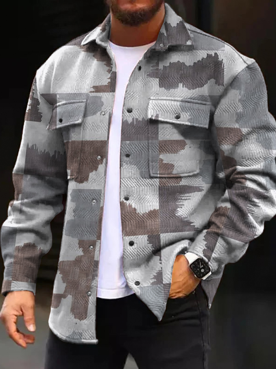 Men's Casual Jacket Retro Geometric Pattern Long Sleeve Pockets Shirt Jacket