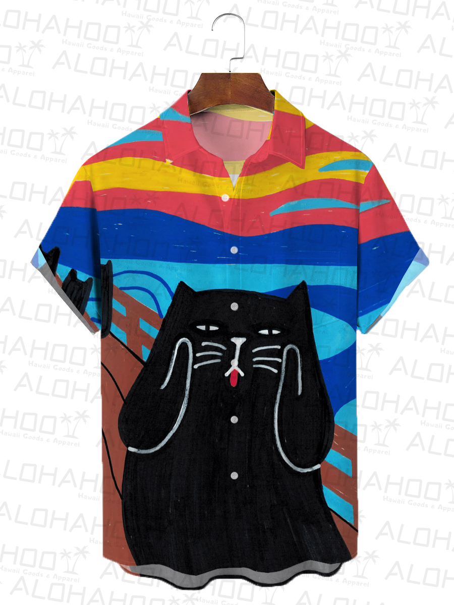 Men's Hawaiian Shirts Nostalgic Cat Art Design Print Short Sleeve Shirt