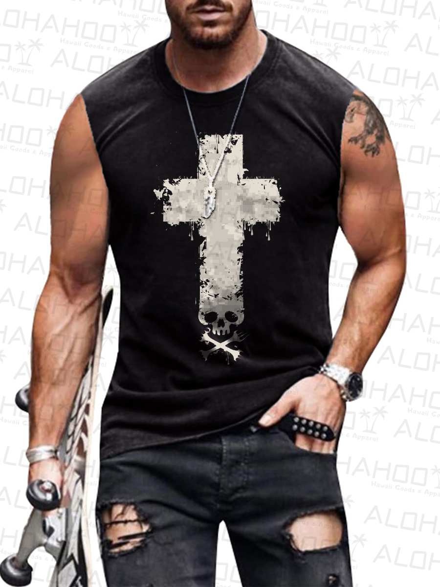 Men's Sleeveless T-shirt Cross Skull Print Shirts Muscle Tank Top