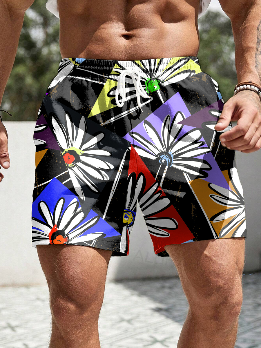 Men's Hawaiian Shorts Daisy Colorblock Print Vacation Beach Shorts