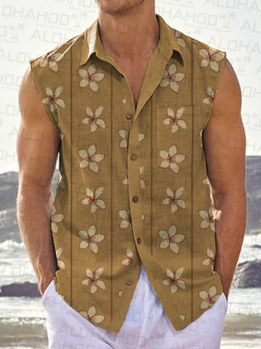 Men's Hawaiian Shirts Hibiscus Print Sleeveless Shirts