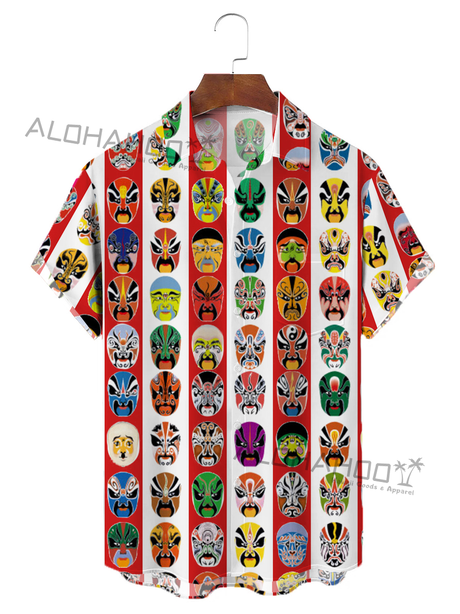 Men's Hawaiian Shirts Vintage Peking Opera Masks Pattern Loose Short-Sleeved Shirt