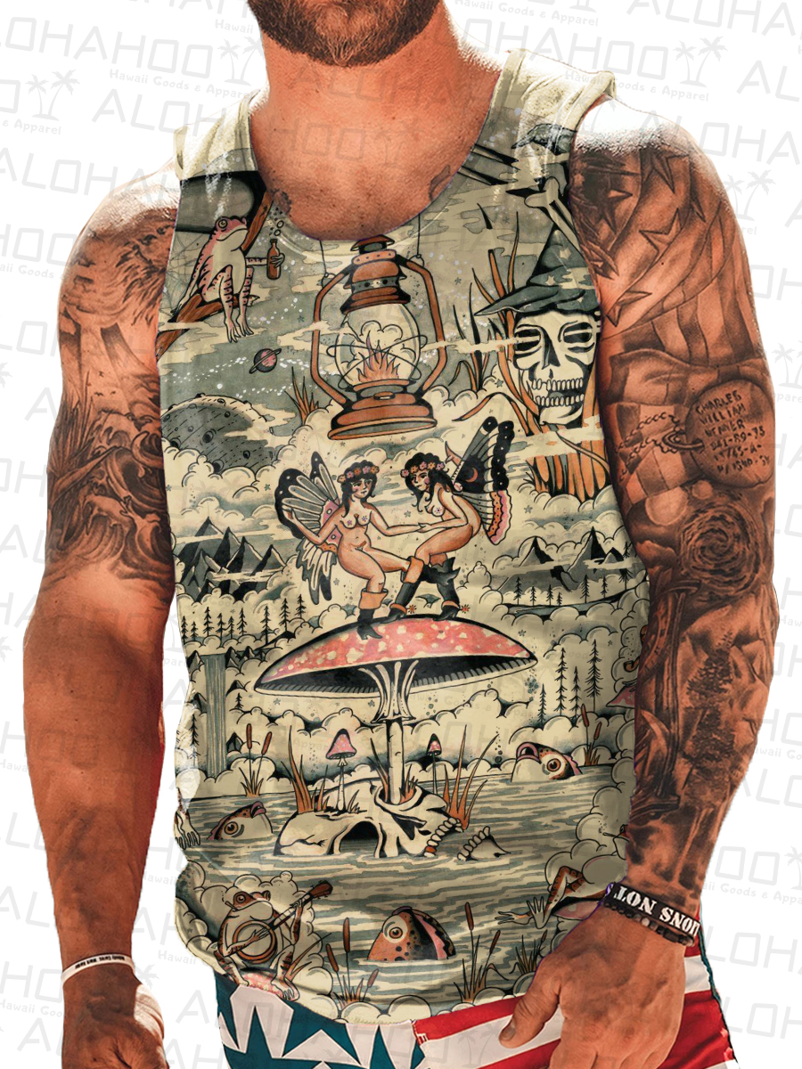 Men's Tank Top Old School Tattoo Art Print Crew Neck Tank T-Shirt Muscle Tee