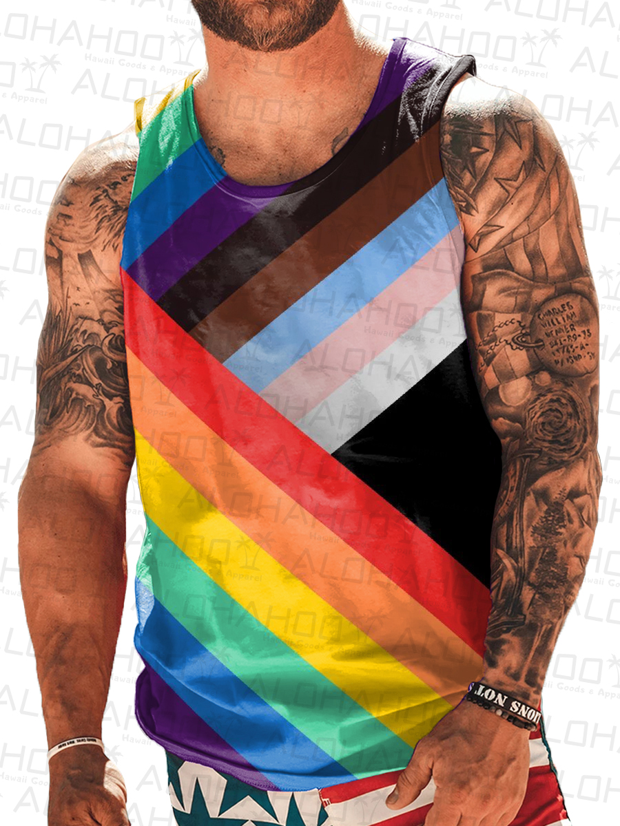 Men's Tank Top Pride Rainbow Stripes Art Print Crew Neck Tank T-Shirt