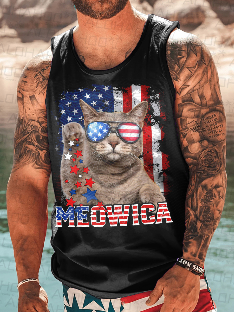 Men's Sleeveless T-shirt 4th of July Shirts Muscle Tank Top Cat Pattern Shirt