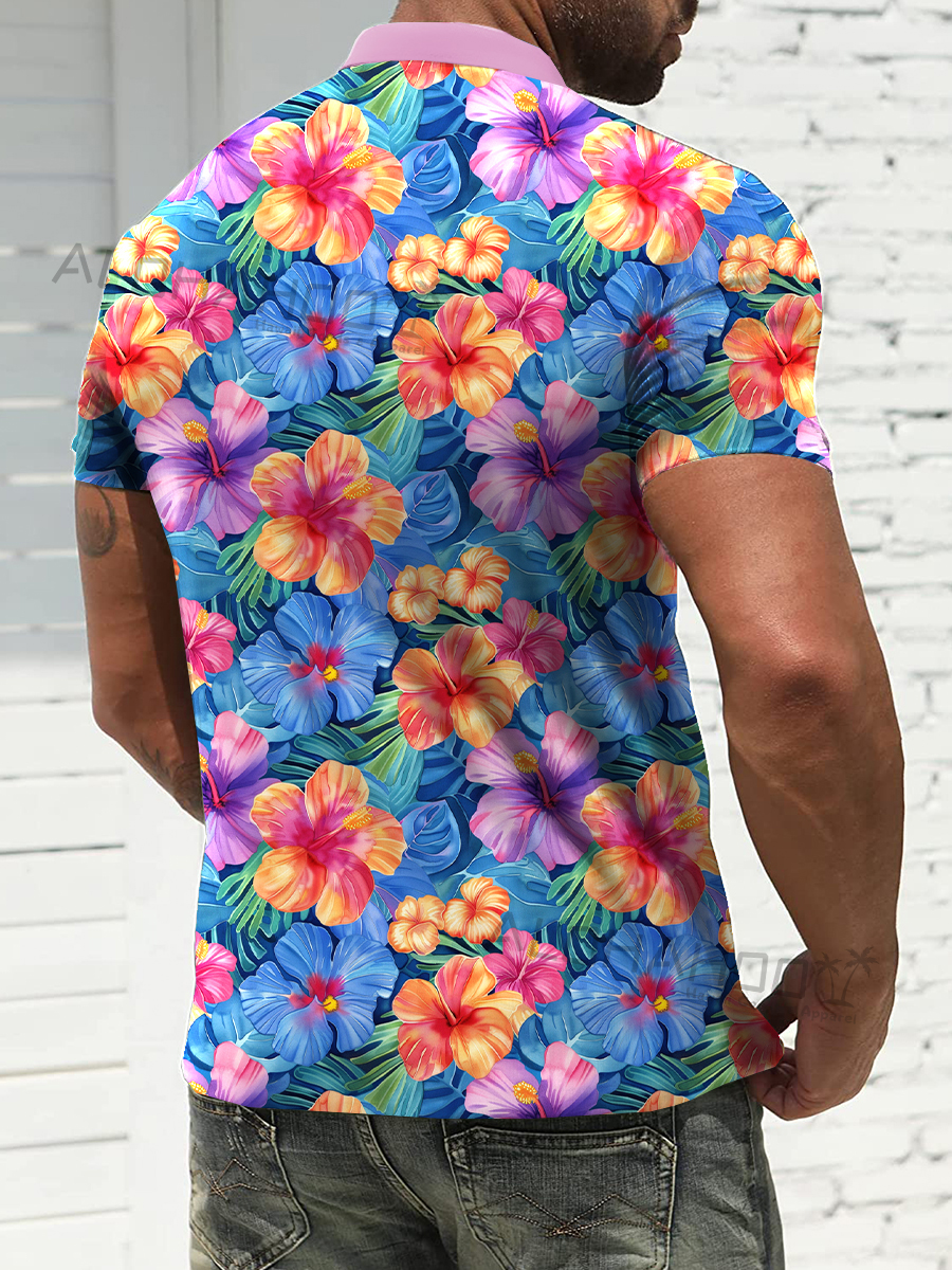 Casual Hibiscus Print Lapel Short Sleeve Polo Shirt