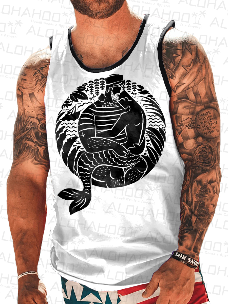 Men's T-Shirt Black And White Merman Art Print Sleeveless T-Shirt