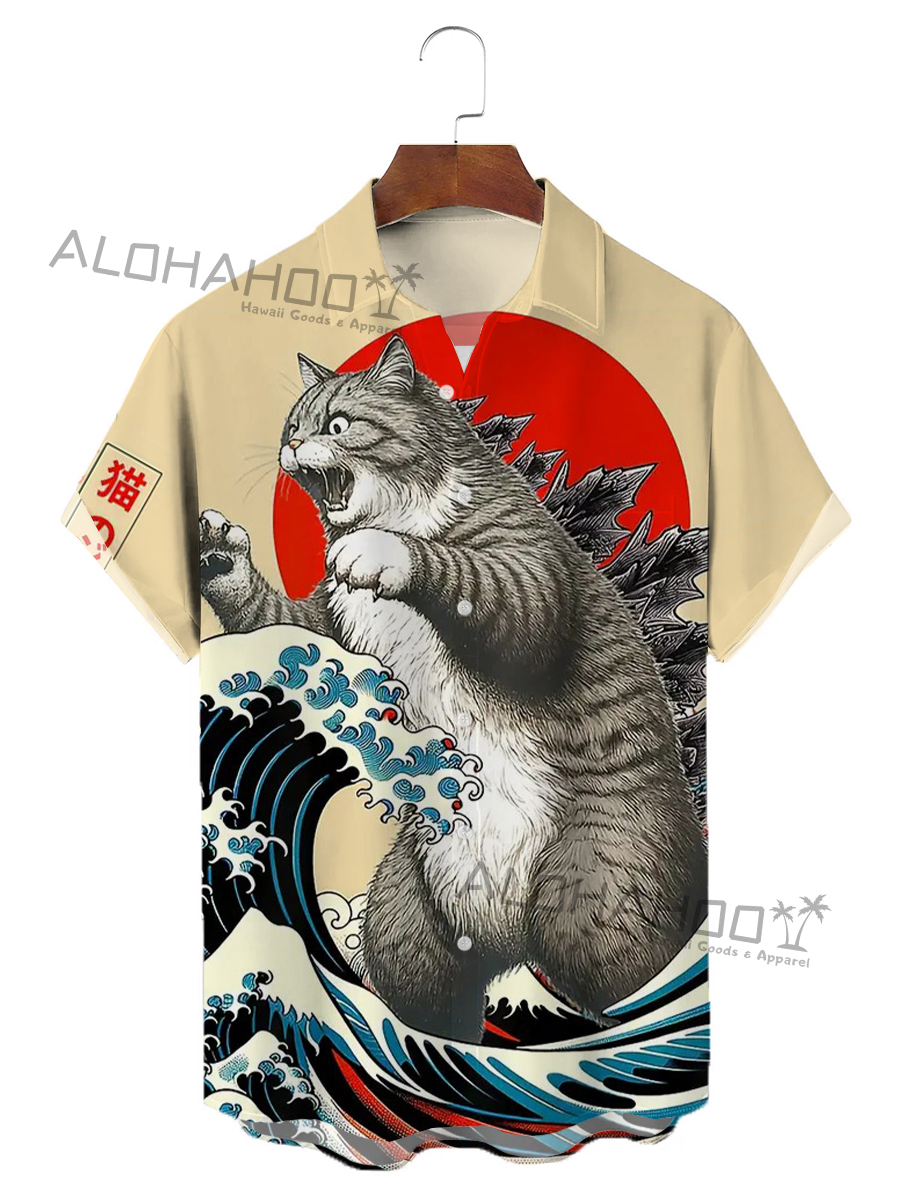 Men's Hawaiian Shirts Japanese Style Ukiyo-e Cat Monster Pattern Loose Short-Sleeved Shirt