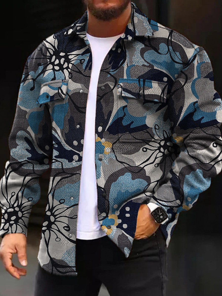Men's Casual Jacket Vintage Blue Floral Pattern Long Sleeve Pockets Shirt Jacket