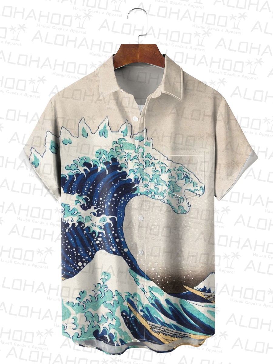 Men's Hawaiian Shirt Japanese Style Ukiyo-e Monster Print Beach Easy Care Short Sleeve Shirt