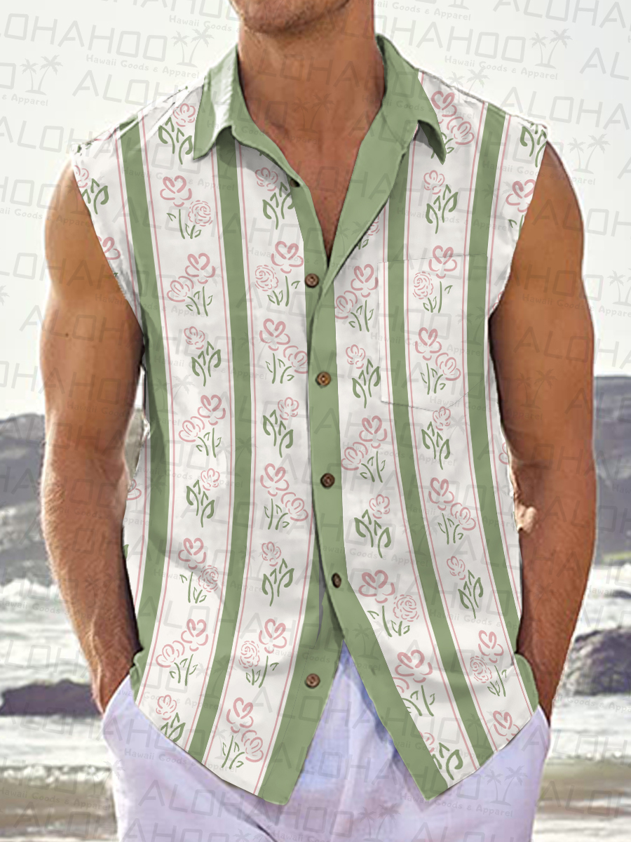 Men's Hawaiian Shirts Stripes Floral Print Sleeveless Shirts