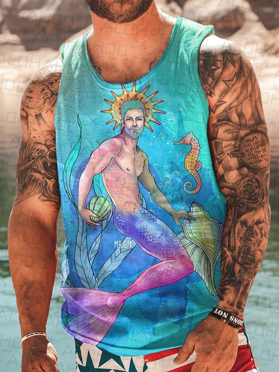 Men's Merman Print Crew Neck Tank Top Muscle Tee