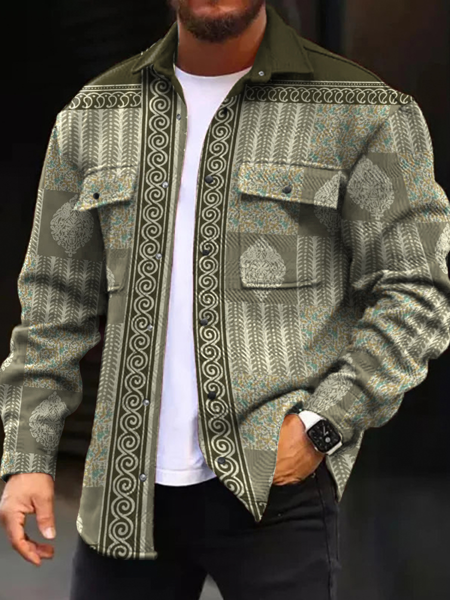 Men's Casual Jacket Retro Geometric Art Design Pattern Long Sleeve Pockets Shirt Jacket