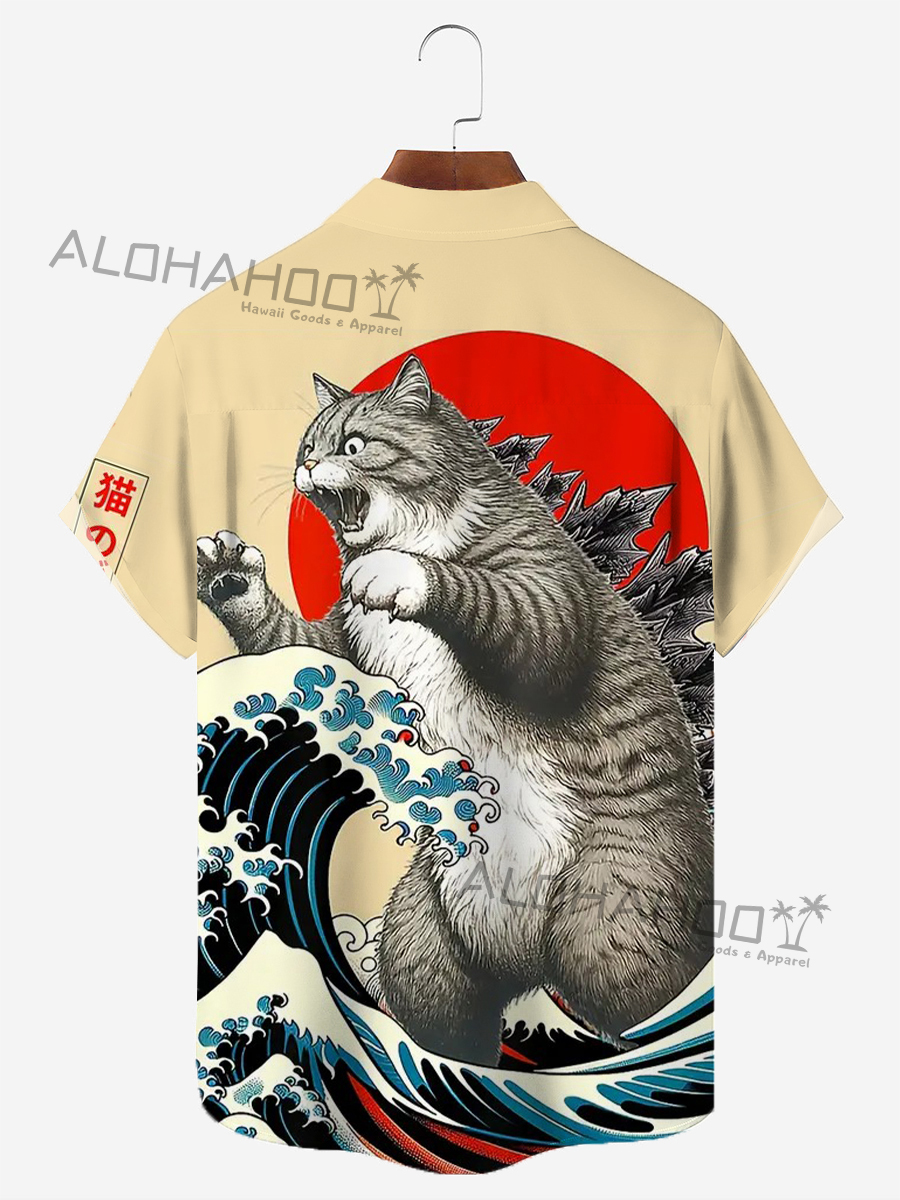 Men's Hawaiian Shirts Japanese Style Ukiyo-e Cat Monster Pattern Loose Short-Sleeved Shirt
