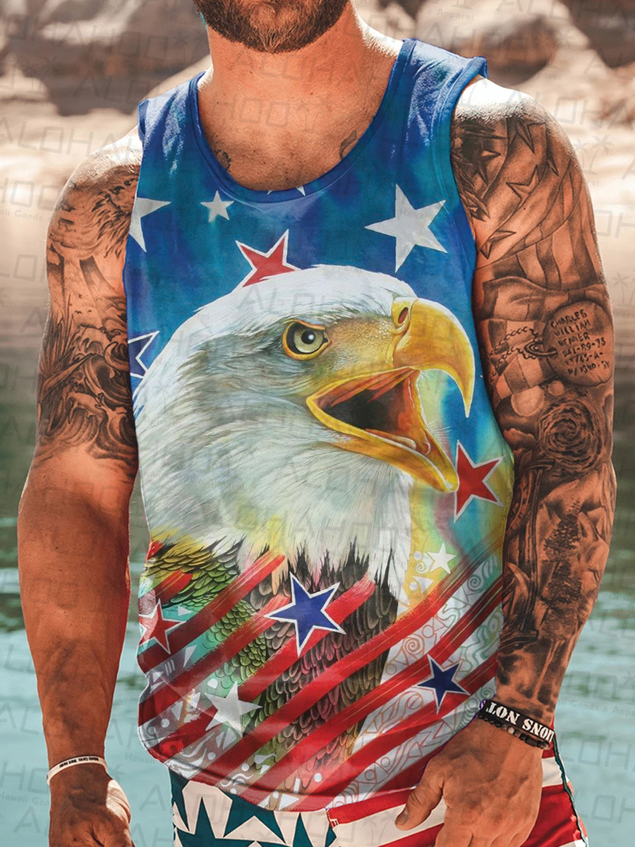 Men's American Flag Art American Eagle Print Crew Neck Tank Top