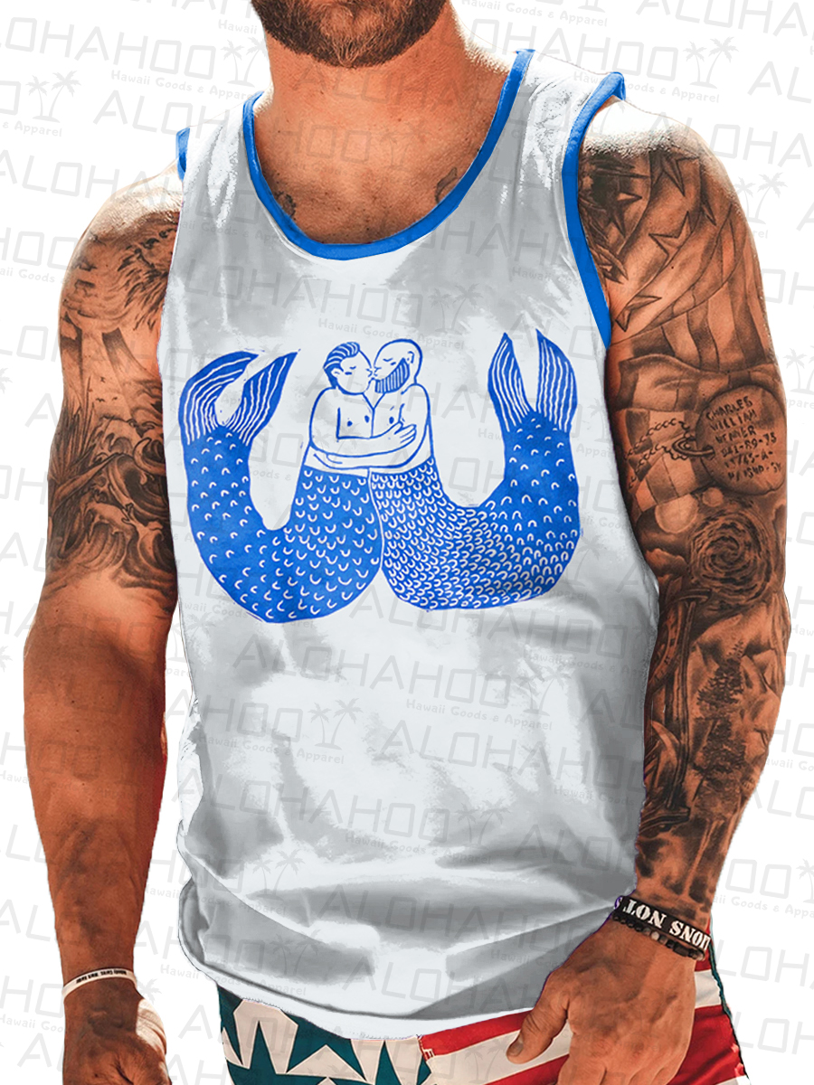 Men's Tank Top Fun Pride Cute Merman Art Print Crew Neck Tank T-Shirt Muscle Tee