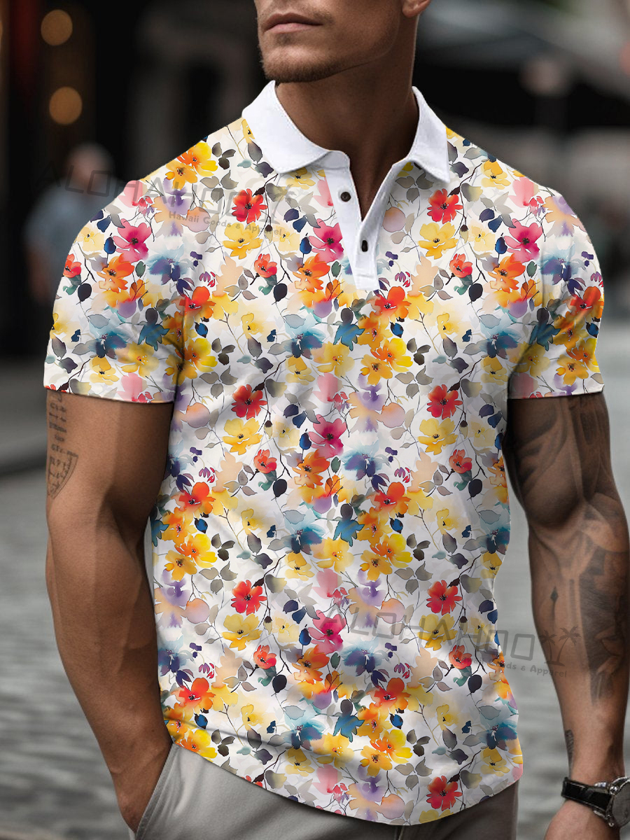 Casual Watercolor Floral Print Lapel Short Sleeve Polo Shirt