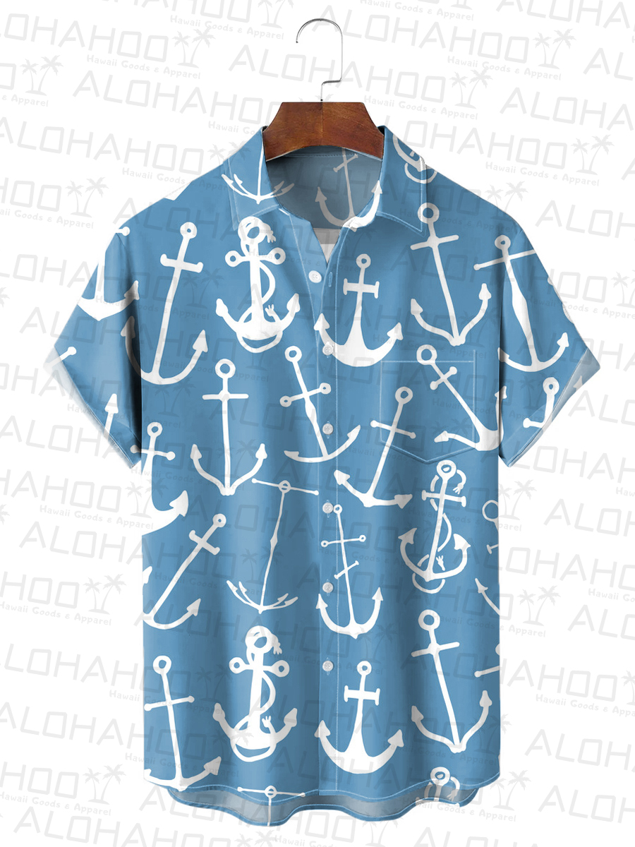 Anchor Print Short Sleeve Button Down Shirt