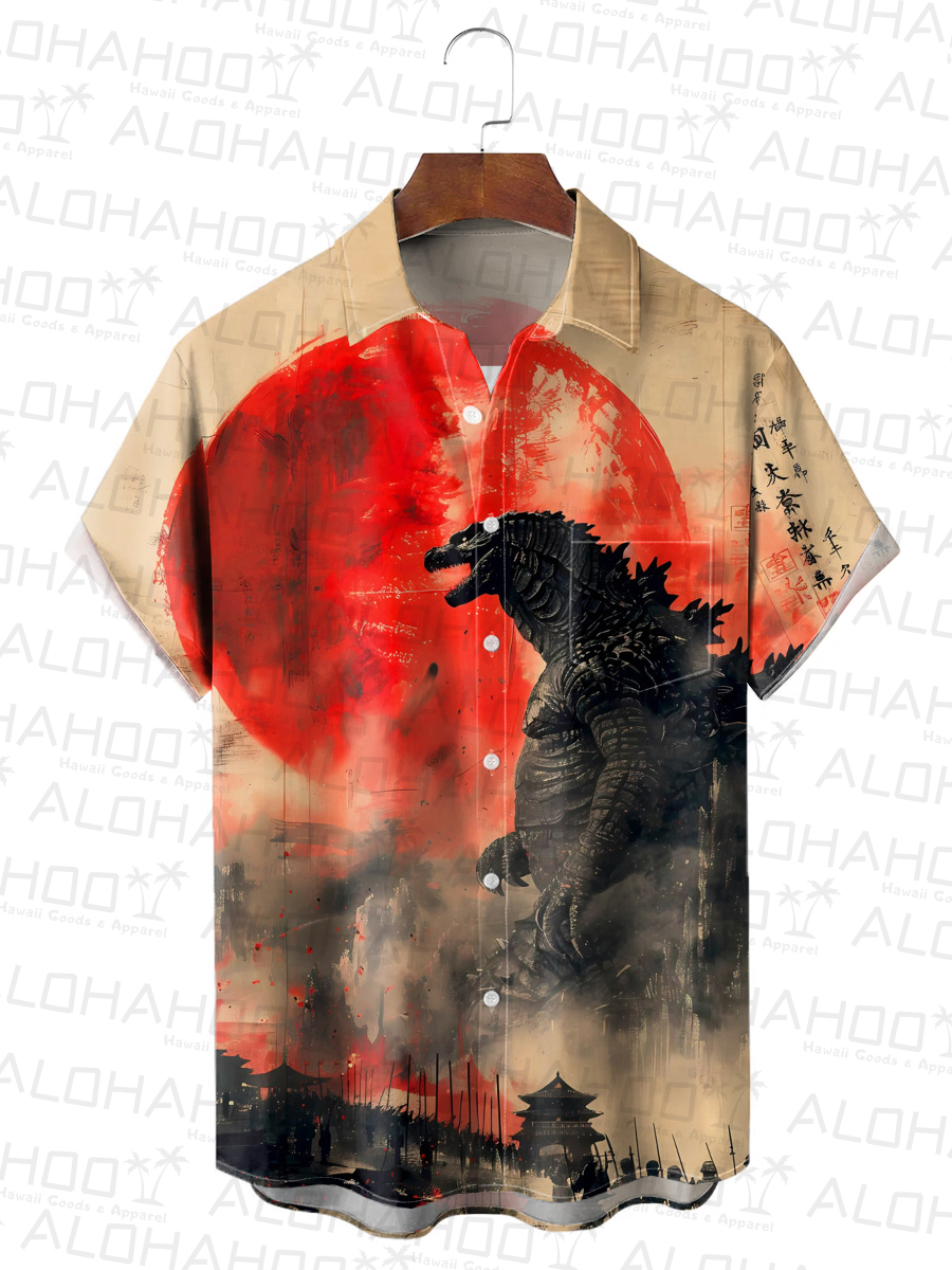 Men's Hawaiian Shirt Japanese Style Monster Print Beach Easy Care Short Sleeve Shirt