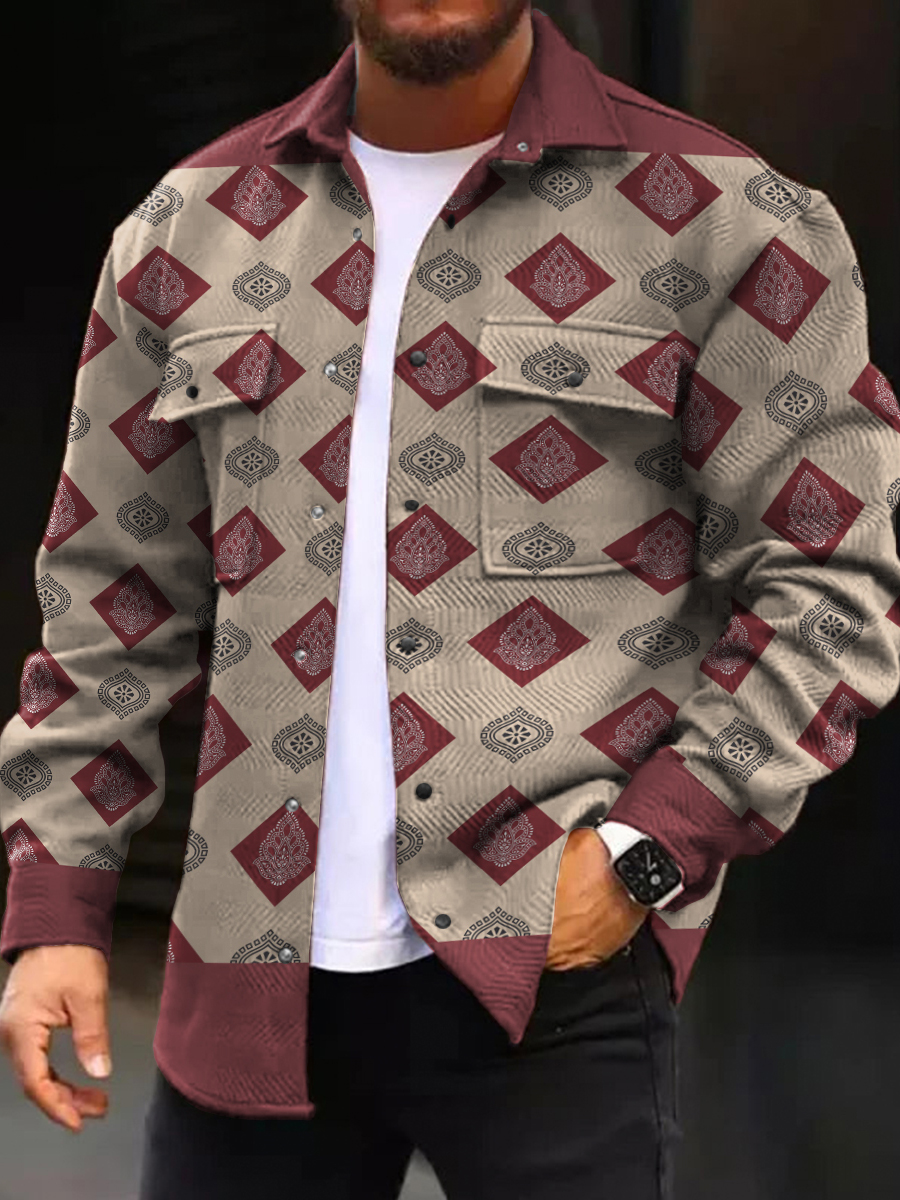 Men's Casual Jacket Retro Geometric Art Design Pattern Long Sleeve