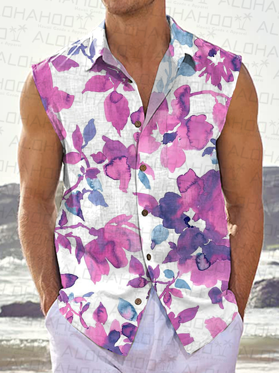 Men's Hawaiian Shirts Ink Floral Print Sleeveless Shirts