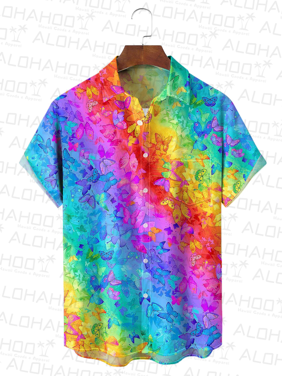 Men's Hawaiian Shirt Rainbow Butterfly Print Beach Easy Care Short Sleeve Shirt