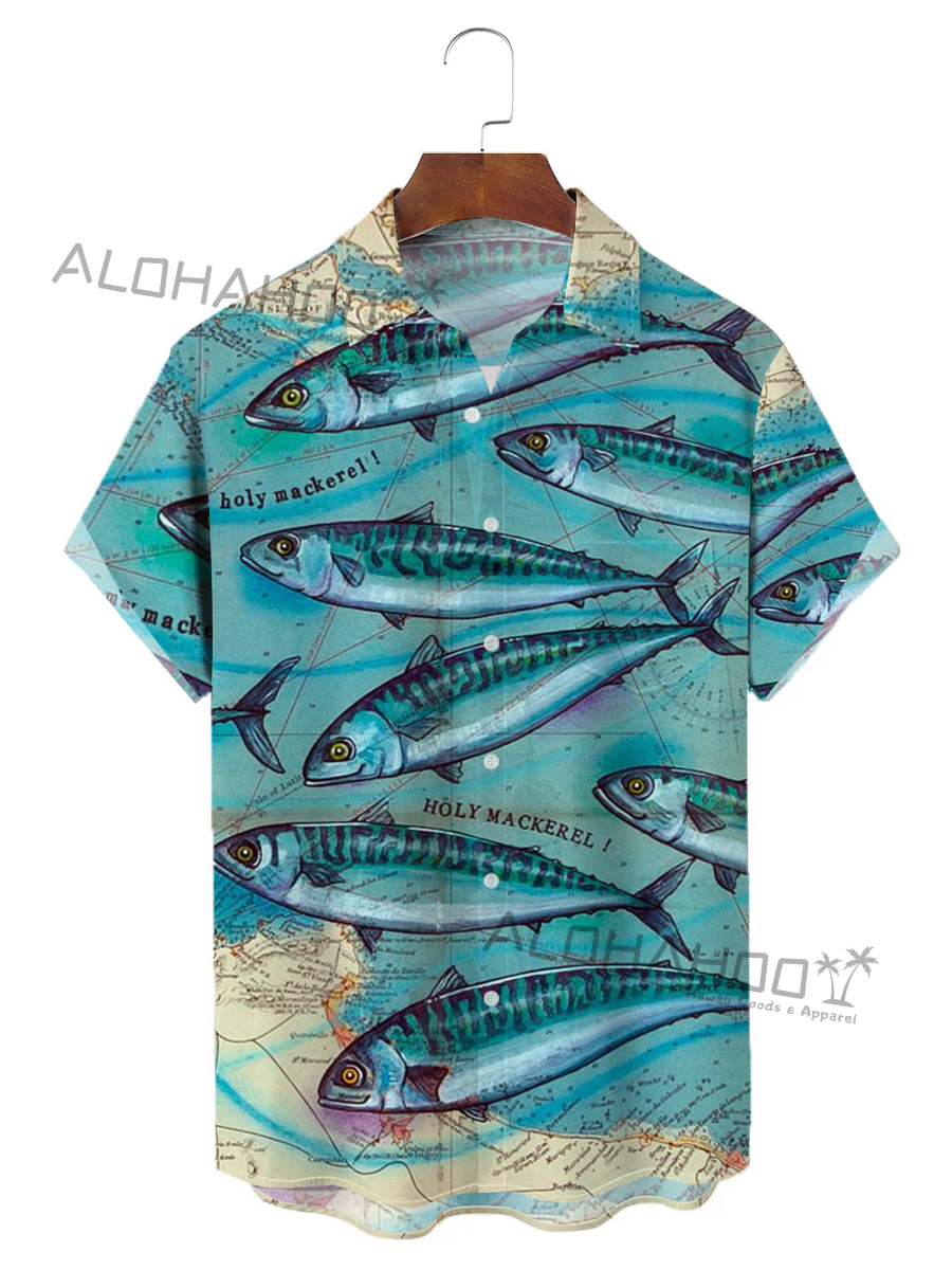 Men's Hawaiian Shirts Vintage Map Fish Pattern Short-Sleeved Shirt