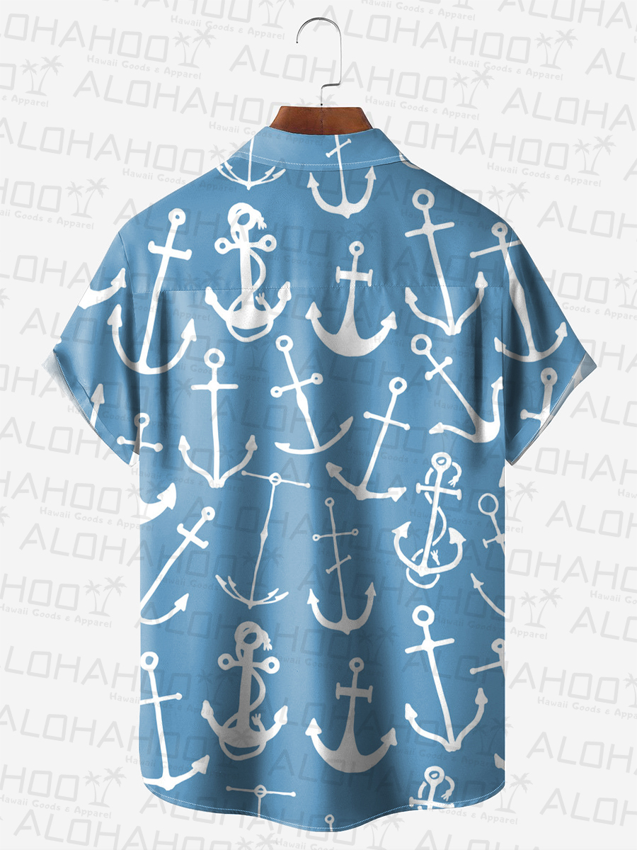 Anchor Print Short Sleeve Button Down Shirt