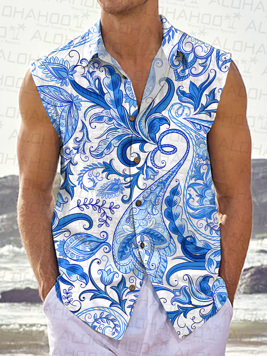 Men's Hawaiian Shirts Blue And White Paisley Print Sleeveless Shirts