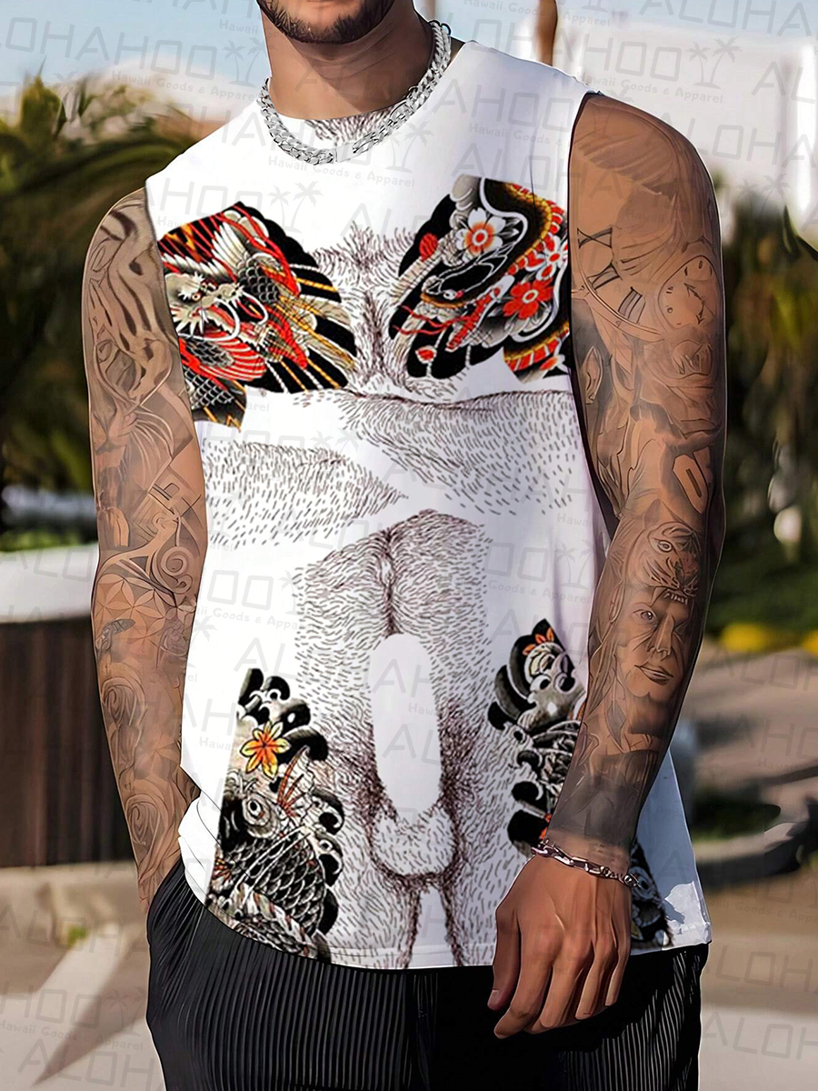 Men's Japanese Style Pride Sexy Man Print Crew Neck Tank Top Muscle Tee