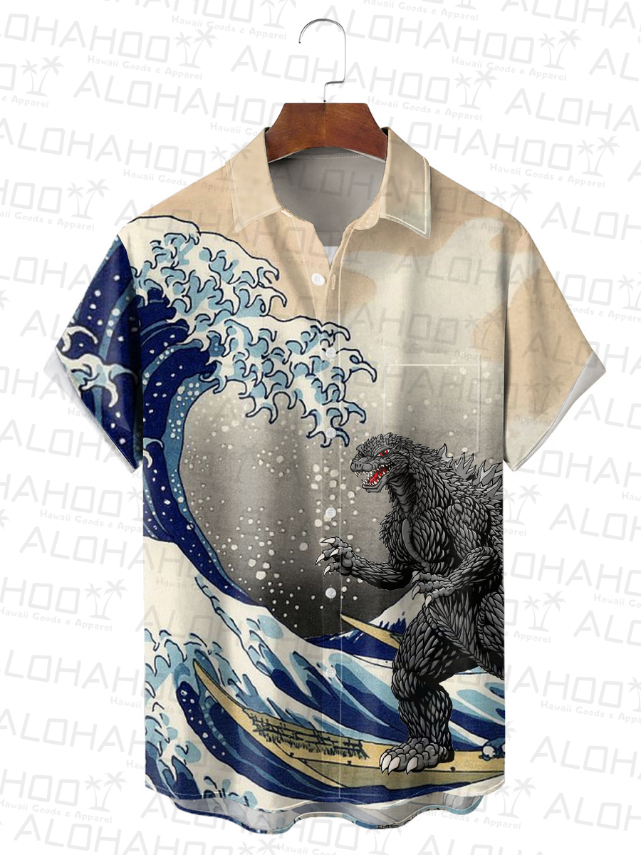 Men's Hawaiian Shirt Japanese Style Ukiyo-e Monster Print Beach Easy Care Short Sleeve Shirt