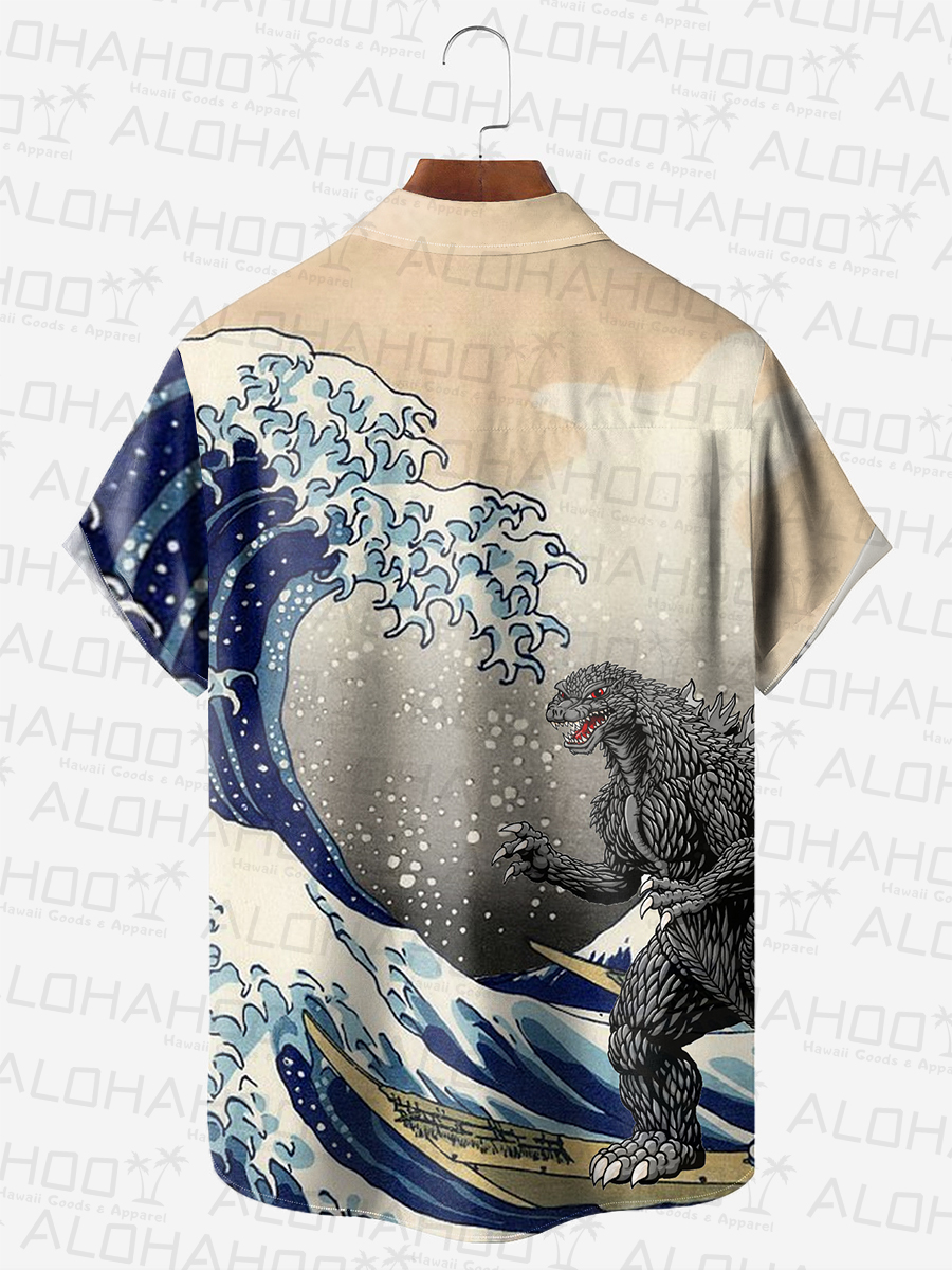 Men's Hawaiian Shirt Japanese Style Ukiyo-e Monster Print Beach Easy Care Short Sleeve Shirt