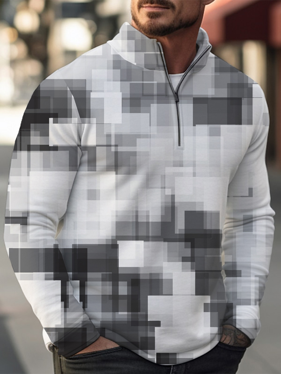 Geometry Print Casual Zip Long Sleeve Sweater