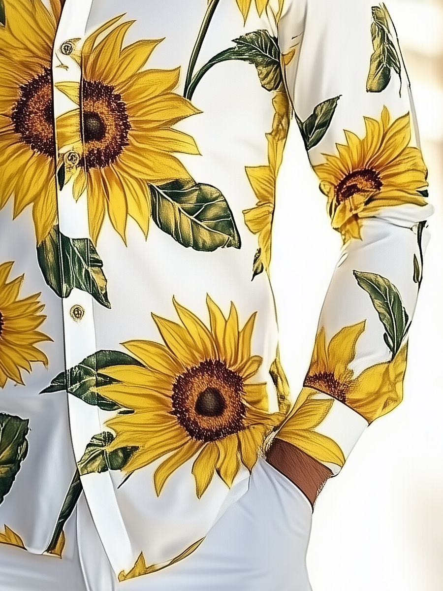 Men's Bright Sunflower Print Long Sleeve Shirt
