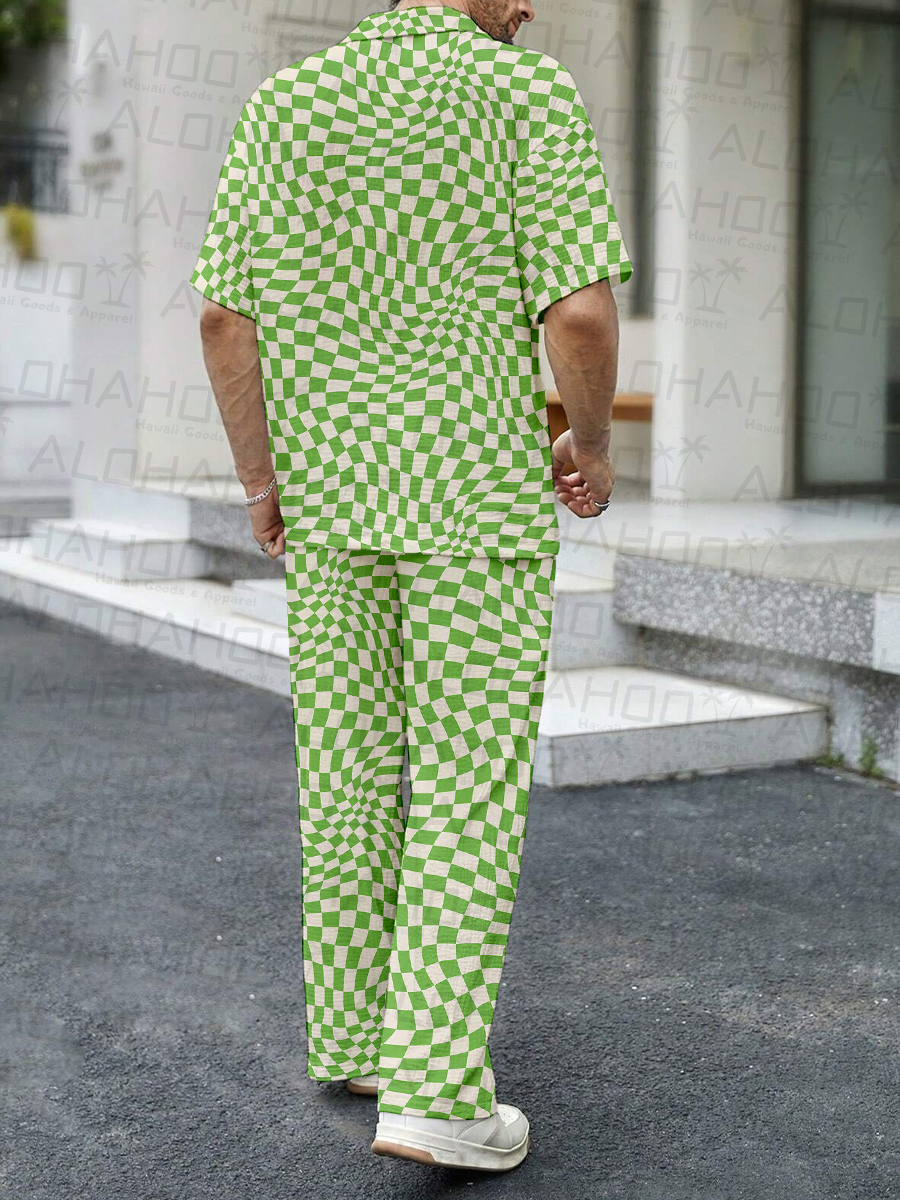 Men's Sets Plaid Print Button Down Wrinkle Free Seersucker Two-Piece Shirt Shorts