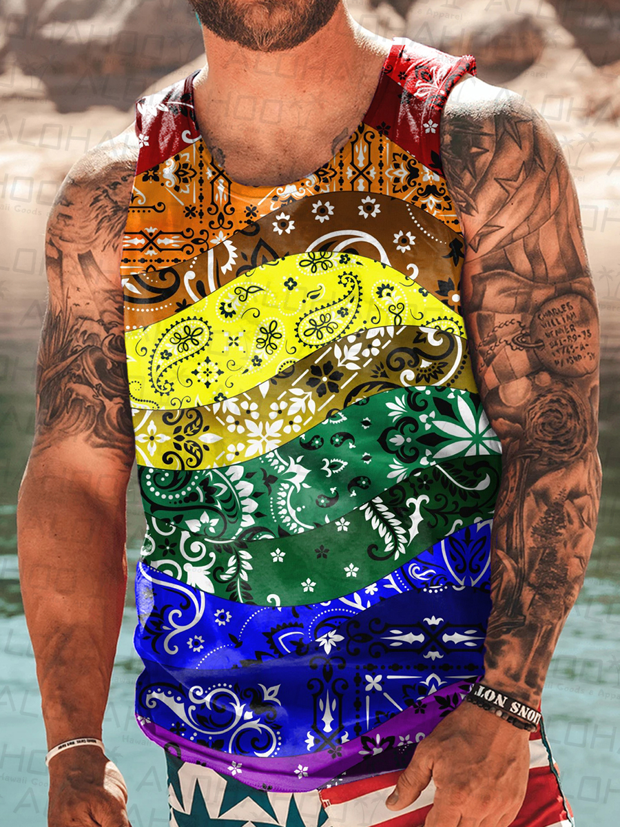 Men's Tank Top Retro Rainbow Paisley Print Crew Neck Tank T-Shirt