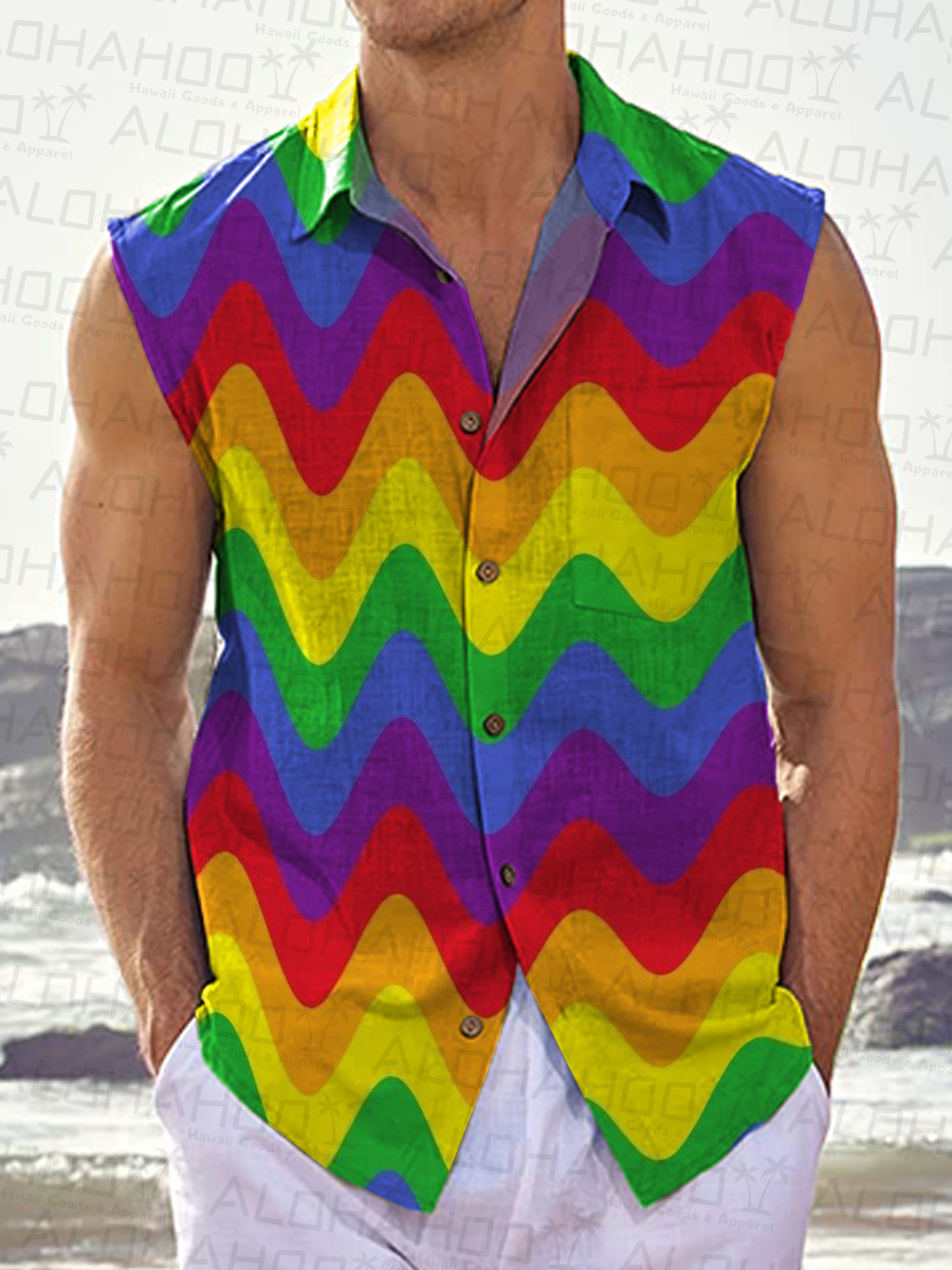 Men's Hawaiian Shirts Rainbow Art Print Sleeveless Shirts