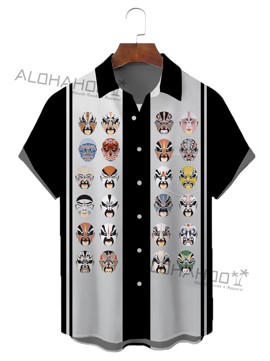Men's Hawaiian Shirts Vintage Peking Opera Masks Pattern Bowling Style Short-Sleeved Shirt