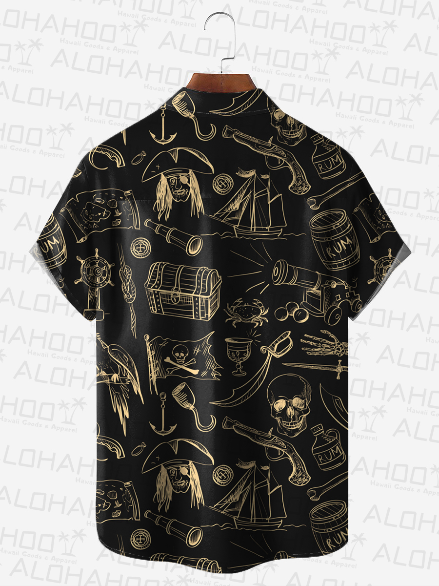 Pirate Print Short Sleeve Button Down Shirt