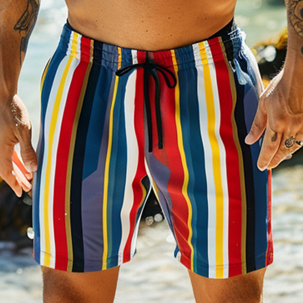 Men's Hawaiian Shorts Multicolor Stripes Vacation Beach Shorts