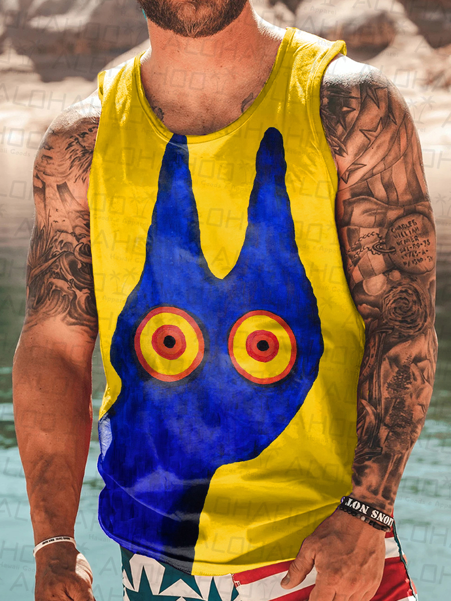 Men's Tank Top Fun Abstract Cat Print Crew Neck Tank T-Shirt