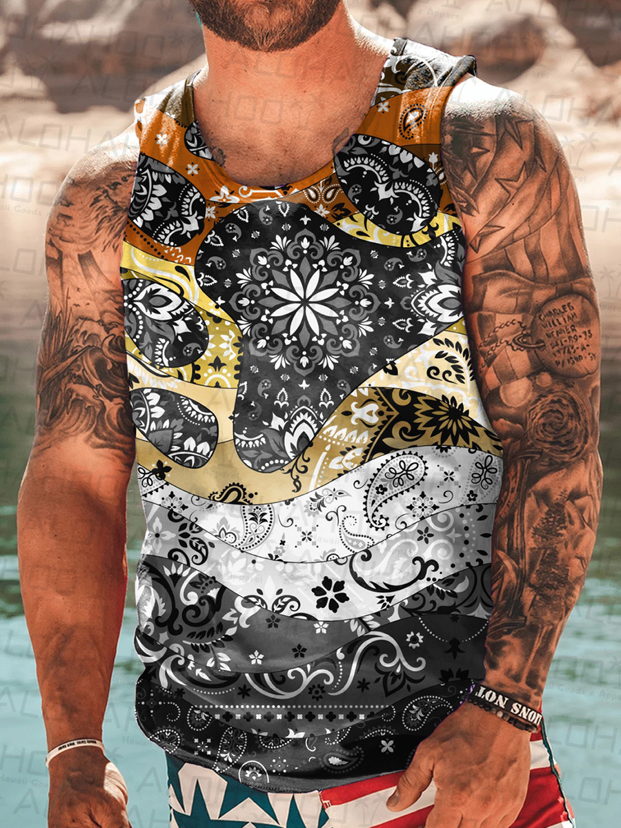 Men's Tank Top Retro Bear Rainbow Paisley Print Crew Neck Tank T-Shirt