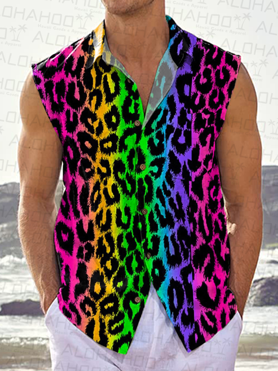 Men's Hawaiian Shirts Rainbow Leopard Print Sleeveless Shirts