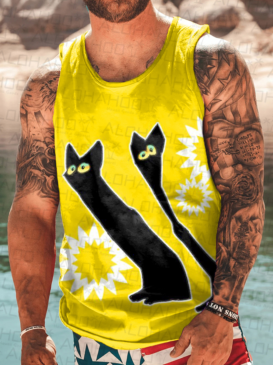 Men's Tank Top Fun Abstract Black Cat Print Crew Neck Tank T-Shirt