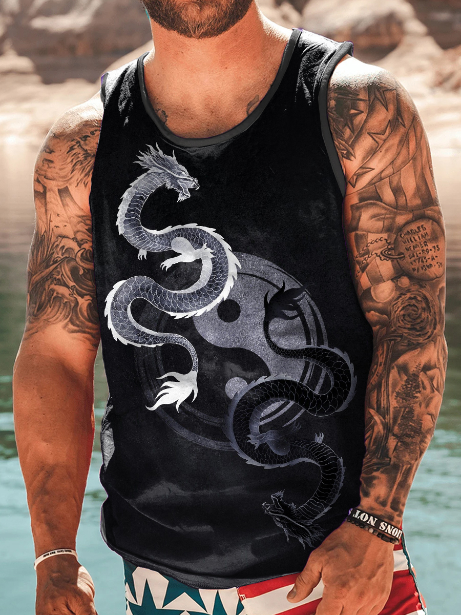 Men's Tank Top Japanese Style Yin Yang Dragon Print Crew Neck Tank T-Shirt