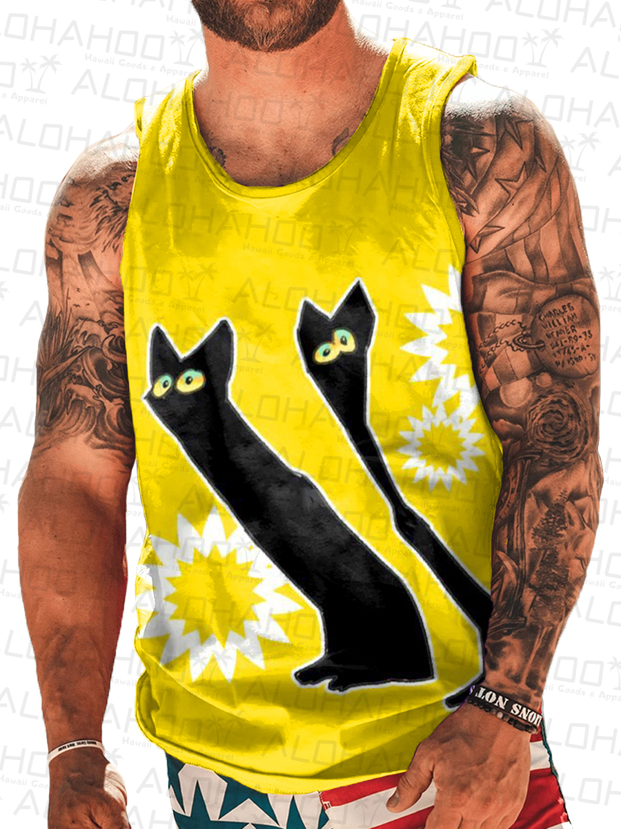 Men's Tank Top Fun Abstract Black Cat Print Crew Neck Tank T-Shirt