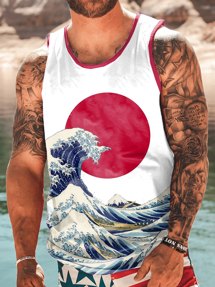 Men's Tank Top Japanese Style Ukiyo-e Print Crew Neck Tank T-Shirt