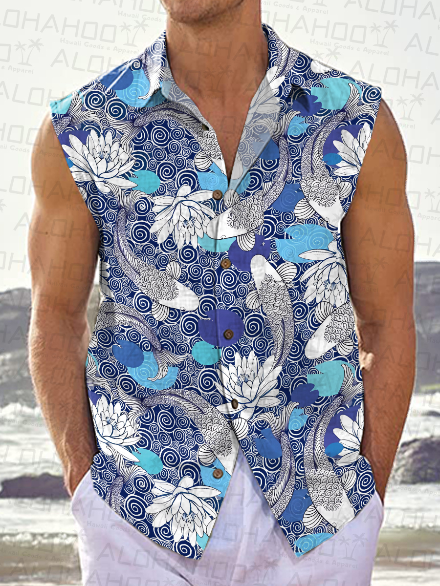Men's Hawaiian Shirts Japanese Style Koi Print Sleeveless Shirts