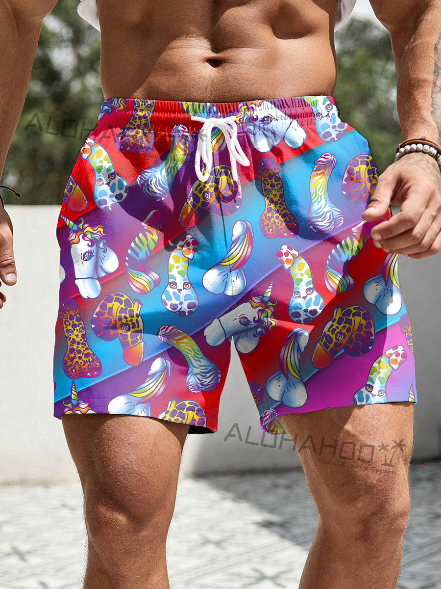 Men's Hawaiian Fun Sexy Unicorn Cocks Pattern Beach Shorts